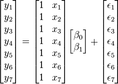 {\begin{bmatrix}y_{1}\\y_{2}\\y_{3}\\y_{4}\\y_{5}\\y_{6}\\y_{7}\end{bmatrix}}={\begin{bmatrix}1&x_{1}\\1&x_{2}\\1&x_{3}\\1&x_{4}\\1&x_{5}\\1&x_{6}\\1&x_{7}\end{bmatrix}}{\begin{bmatrix}\beta _{0}\\\beta _{1}\end{bmatrix}}+{\begin{bmatrix}\epsilon _{1}\\\epsilon _{2}\\\epsilon _{3}\\\epsilon _{4}\\\epsilon _{5}\\\epsilon _{6}\\\epsilon _{7}\end{bmatrix}}