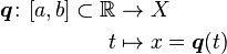 \begin{align}
\boldsymbol q \colon [a, b] \subset \mathbb{R} & \to     X \\
                                 t & \mapsto x = \boldsymbol q(t)
\end{align}