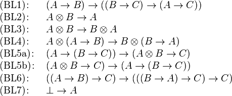 \begin{array}{ll}
  {\rm (BL1)}\colon & (A \rightarrow B) \rightarrow ((B \rightarrow C) \rightarrow (A \rightarrow C)) \\
  {\rm (BL2)}\colon & A \otimes B \rightarrow A\\
  {\rm (BL3)}\colon & A \otimes B \rightarrow B \otimes A\\
  {\rm (BL4)}\colon &  A \otimes (A \rightarrow B) \rightarrow B \otimes (B \rightarrow A)\\
  {\rm (BL5a)}\colon &  (A \rightarrow (B \rightarrow C)) \rightarrow (A \otimes B \rightarrow C)\\
  {\rm (BL5b)}\colon &  (A \otimes B \rightarrow C) \rightarrow (A \rightarrow (B \rightarrow C))\\
  {\rm (BL6)}\colon &  ((A \rightarrow B) \rightarrow C) \rightarrow (((B \rightarrow A) \rightarrow C) \rightarrow C)\\
  {\rm (BL7)}\colon &  \bot \rightarrow A
\end{array}