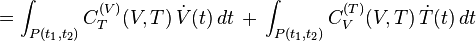 =\int_{P(t_1,t_2)} C^{(V)}_T(V,T)\, \dot V(t)\, dt\,+\,\int_{P(t_1,t_2)}C^{(T)}_V(V,T)\,\dot T(t)\,dt 