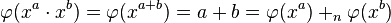 \varphi(x^a \cdot x^b) = \varphi(x^{a+b}) = a+b = \varphi(x^a)+_n \varphi(x^b)