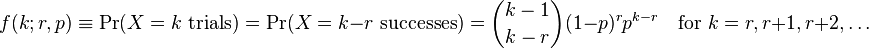 
    f(k; r, p) \equiv \Pr(X = k  \text{ trials}) = \Pr(X = k-r  \text{ successes}) = \binom{k-1}{k-r} (1-p)^r p^{k-r} \quad\text{for }k = r, r+1, r+2, \dotsc
  