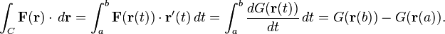 \int_C \mathbf{F}(\mathbf{r})\cdot\,d\mathbf{r} = \int_a^b \mathbf{F}(\mathbf{r}(t))\cdot\mathbf{r}'(t)\,dt = \int_a^b \frac{dG(\mathbf{r}(t))}{dt}\,dt = G(\mathbf{r}(b)) - G(\mathbf{r}(a)).