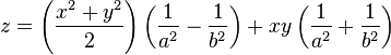 z = \left(\frac{x^2 + y^2}{2}\right) \left(\frac{1}{a^2} - \frac{1}{b^2}\right) + xy \left(\frac{1}{a^2}+\frac{1}{b^2}\right)