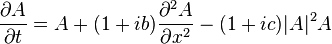 \frac{\partial A}{\partial t} = 
A + (1 + ib)\frac{\partial^2 A}{\partial x^2} 
- (1 + ic)|A|^2 A