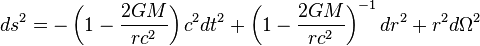 ds^{2} = -\left(1 - \frac{2GM}{rc^2} \right) c^2 dt^2 + \left(1 - \frac{2GM}{rc^2} \right)^{-1} dr^2 + r^2 d\Omega^2