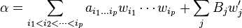 \alpha = \sum_{i_1<i_2<\cdots<i_p} a_{i_1\dots i_p}w_{i_1}\cdots w_{i_p} + \sum_j B_jw'_j