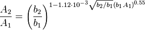 \frac{A_2}{A_1} = \left(\frac{b_2}{b_1}\right) ^ {1-1.12 \cdot 10^{-3}\sqrt{b_2/b_1}(b_1A_1)^{0.55}}