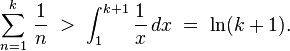 
\sum_{n=1}^k \, \frac{1}{n} \;>\; \int_1^{k+1} \frac{1}{x}\,dx \;=\; \ln(k+1).
