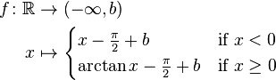 \begin{align}
 f\colon \mathbb{R} &\to (-\infty,b)\\
 x &\mapsto \begin{cases}
x - \frac{\pi}{2} + b & \mbox{if } x < 0 \\
\arctan x - \frac{\pi}{2} + b & \mbox{if } x \ge 0
\end{cases}
\end{align}