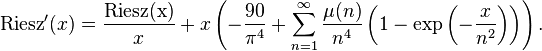 {\rm {Riesz}}'(x)={\frac {\rm {Riesz(x)}}{x}}+x\left(-{\frac {90}{\pi ^{4}}}+\sum _{n=1}^{\infty }{\frac {\mu (n)}{n^{4}}}\left(1-\exp \left(-{\frac {x}{n^{2}}}\right)\right)\right).