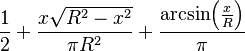 \frac12+\frac{x\sqrt{R^2-x^2}}{\pi R^2} + \frac{\arcsin\!\left(\frac{x}{R}\right)}{\pi}\!