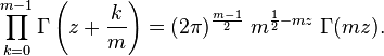 \prod_{k=0}^{m-1}\Gamma\left(z + \frac{k}{m}\right) = (2 \pi)^{\frac{m-1}{2}} \; m^{\frac{1}{2} - mz} \; \Gamma(mz).