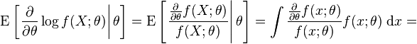 
\operatorname{E} \left[\left. \frac{\partial}{\partial\theta} \log f(X;\theta)\right|\theta \right]
=
\operatorname{E} \left[\left. \frac{\frac{\partial}{\partial\theta} f(X;\theta)}{f(X; \theta)}\right|\theta \right]
=
\int \frac{\frac{\partial}{\partial\theta} f(x;\theta)}{f(x; \theta)} f(x;\theta)\; \mathrm{d}x
=
