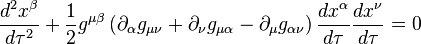 \frac{d^{2}x^{\beta}}{d\tau^{2}}+\frac{1}{2}g^{\mu\beta}\left(\partial_{\alpha}g_{\mu\nu}+\partial_{\nu}g_{\mu\alpha}-\partial_{\mu}g_{\alpha\nu}\right)\frac{dx^{\alpha}}{d\tau}\frac{dx^{\nu}}{d\tau}=0