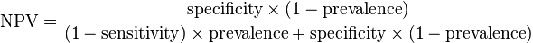  \text{NPV} = \frac{\text{specificity} \times (1-\text{prevalence})}{(1-\text{sensitivity}) \times \text{prevalence}+\text{specificity} \times (1-\text{prevalence})} 