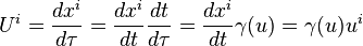 U^i = \frac{dx^i}{d\tau} = 
\frac{dx^i}{dt} \frac{dt}{d\tau} = 
\frac{dx^i}{dt} \gamma(u) =  \gamma(u) u^i 