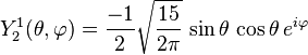 Y_{2}^{1}(\theta,\varphi)={-1\over 2}\sqrt{15\over 2\pi}\, \sin\theta\,\cos\theta\, e^{i\varphi}