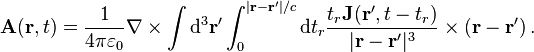  \mathbf{A}(\mathbf{r},t) = \dfrac{1}{4\pi \varepsilon_0} \nabla\times\int \mathrm{d}^3\mathbf{r'} \int_0^{|\mathbf{r}-\mathbf{r}'|/c} \mathrm{d}t_r \dfrac{ t_r \mathbf{J}(\mathbf{r'}, t-t_r)}{|\mathbf{r}-\mathbf{r}'|^3}\times (\mathbf{r}-\mathbf{r}') \,.