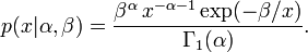 p(x|\alpha, \beta) = \frac{\beta^\alpha\, x^{-\alpha-1} \exp(-\beta/x)}{\Gamma_1(\alpha)}.