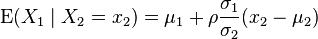 \operatorname{E}(X_1 \mid X_2=x_2) = \mu_1 + \rho \frac{\sigma_1}{\sigma_2}(x_2 - \mu_2)