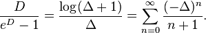 {D \over e^D - 1} = {\log(\Delta + 1) \over \Delta} = \sum_{n=0}^\infty {(-\Delta)^n \over n+1}.