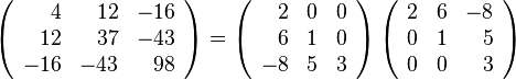 \begin{align}
\left(
  \begin{array}{*{3}{r}}
      4 &  12 & -16 \\
     12 &  37 & -43 \\
    -16 & -43 &  98 \\
  \end{array}
\right)
& =
\left(
  \begin{array}{*{3}{r}}
     2 &  0 &  0 \\
     6 &  1 &  0 \\
    -8 &  5 &  3 \\
  \end{array}
\right)
\left(
  \begin{array}{*{3}{r}}
     2 &  6 & -8 \\
     0 &  1 &  5 \\
     0 &  0 &  3 \\
  \end{array}
\right)
\end{align}