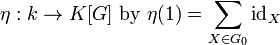  \eta : k \to K[G] ~\text{by}~ \eta (1) = \sum_{X \in G_0} \mathrm{id}_X 