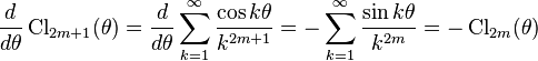 \frac{d}{d\theta}\operatorname{Cl}_{2m+1}(\theta) = \frac{d}{d\theta}\sum_{k=1}^\infty \frac{\cos k\theta }{k^{2m+1}}=-\sum_{k=1}^\infty \frac{\sin k\theta }{k^{2m}}=-\operatorname{Cl}_{2m}(\theta)