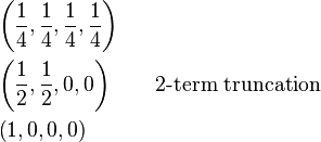 \begin{align}
&\left(\frac{1}{4},\frac{1}{4},\frac{1}{4},\frac{1}{4}\right)\\
&\left(\frac{1}{2},\frac{1}{2},0,0\right)\qquad\text{2-term truncation}\\
&\left(1,0,0,0\right)
\end{align}