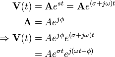 \begin{align}
              \mathbf{V}(t) &= \mathbf{A}e^{st} = \mathbf{A}e^{(\sigma + j \omega) t} \\
                 \mathbf{A} &= A e^{j \phi} \\
  \Rightarrow \mathbf{V}(t) &= A e^{j \phi}e^{(\sigma + j \omega) t} \\
                            &= A e^{\sigma t}e^{j ( \omega t + \phi )}
\end{align}