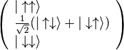 
\left(
\begin{array}{ll}
|\uparrow\uparrow\rangle\\
\frac{1}{\sqrt{2}}( |\uparrow\downarrow\rangle + |\downarrow\uparrow\rangle )\\
|\downarrow\downarrow\rangle
\end{array}
\right)
