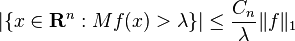  \left  |\{x\in\mathbf{R}^{n}:Mf(x)>\lambda\} \right | \leq \frac{C_n}{\lambda}\|f\|_{1}