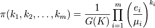 \pi (k_1,k_2,\ldots,k_m) = \frac{1}{G(K)} \prod_{i=1}^m \left( \frac{e_i}{\mu_i} \right)^{k_i}