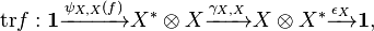 
    \mathop{\mathrm{tr}} f : \mathbf{1} \xrightarrow{\psi_{X, X}(f)} X^{*} \otimes X \xrightarrow{\gamma_{X, X}} X \otimes X^{*} \xrightarrow{\epsilon_{X}} \mathbf{1},
