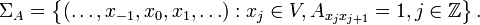 \Sigma_{A} = \left\{ (\ldots, x_{-1},x_0,x_1,\ldots):
x_j \in V, A_{x_{j}x_{j+1}}=1, j\in\mathbb{Z} \right\}.