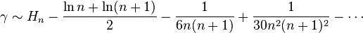 \gamma \sim H_n - \frac{\ln n + \ln(n+1)}{2} - \frac1{6n(n+1)} + \frac1{30n^2(n+1)^2} - \cdots