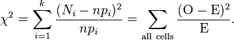  \chi^2 = \sum_{i=1}^{k} {\frac{(N_i - np_i)^2}{np_i}} = \sum_{\mathrm{all\ cells}}^{} {\frac{(\mathrm{O} - \mathrm{E})^2}{\mathrm{E}}}.