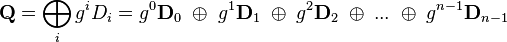 
\mathbf{Q} = \bigoplus_i{g^iD_i} = g^0\mathbf{D}_0 \;\oplus\; g^1\mathbf{D}_1 \;\oplus\; g^2\mathbf{D}_2 \;\oplus\; ... \;\oplus\; g^{n-1}\mathbf{D}_{n-1}
