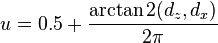 u = 0.5 + \frac{\arctan2(d_z,  d_x)}{2\pi}