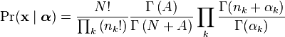 \Pr(\mathbf{x}\mid\boldsymbol{\alpha})=\frac{N!}
{\prod_{k}\left(n_{k}!\right)}\frac{\Gamma\left(A\right)}
{\Gamma\left(N+A\right)}\prod_{k}\frac{\Gamma(n_{k}+\alpha_{k})}{\Gamma(\alpha_{k})}