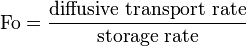 {\displaystyle \mathrm{Fo} = \frac{ \text{diffusive transport rate} }{ \text{storage rate} }}