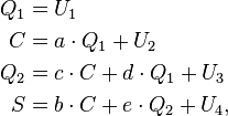 
\begin{align}
Q_1 &= U_1\\
C &= a \cdot Q_1 + U_2\\
Q_2 &= c \cdot C + d \cdot Q_1 + U_3\\
S &= b \cdot C + e \cdot Q_2 + U_4,
\end{align}