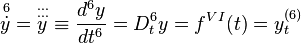 \overset{\,6}{\dot{y}} = \overset{...}{\overset{...}{y}} \equiv \frac{d^6y}{dt^6} = D_t^6 y = f^{VI}(t) = y^{(6)}_t