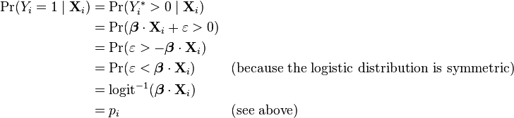 
\begin{align}
\Pr(Y_i=1\mid\mathbf{X}_i) &= \Pr(Y_i^\ast > 0\mid\mathbf{X}_i) & \\
&= \Pr(\boldsymbol\beta \cdot \mathbf{X}_i + \varepsilon > 0) & \\
&= \Pr(\varepsilon > -\boldsymbol\beta \cdot \mathbf{X}_i) &\\
&= \Pr(\varepsilon < \boldsymbol\beta \cdot \mathbf{X}_i) & & \text{(because the logistic distribution is symmetric)} \\
&= \operatorname{logit}^{-1}(\boldsymbol\beta \cdot \mathbf{X}_i) & \\
&= p_i & & \text{(see above)}
\end{align}
