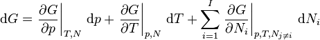 \mathrm{d}G
=\left. \frac{\partial G}{\partial p}\right | _{T,N}\,\mathrm{d}p
+\left. \frac{\partial G}{\partial T}\right | _{p,N}\,\mathrm{d}T
+\sum_{i=1}^I \left. \frac{\partial G}{\partial N_i}\right | _{p,T,N_{j \neq i}}\,\mathrm{d}N_i  \,