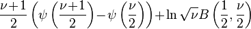 \frac{\nu\!+\!1}{2}\left(\psi\left(\frac{\nu\!+\!1}{2}\right)\!-\!\psi\left(\frac{\nu}{2}\right)\right)\!+\!\ln \sqrt{\nu} B\left(\frac{1}{2},\frac{\nu}{2}\right)