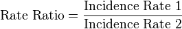  \text{Rate Ratio} = \frac{\text{Incidence Rate 1}}{\text{Incidence Rate 2}} 