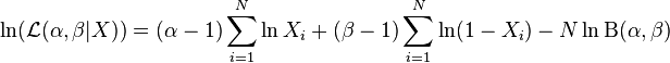 \ln (\mathcal{L} (\alpha, \beta|X) )= (\alpha - 1)\sum_{i=1}^N \ln X_i + (\beta- 1)\sum_{i=1}^N  \ln (1-X_i)- N \ln \Beta(\alpha,\beta) 