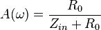 A(\omega) = \frac{R_0}{Z_{in} + R_0}